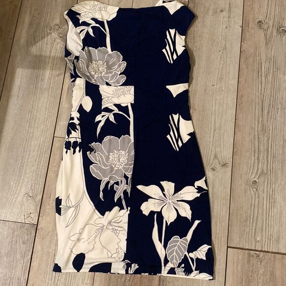 Navy Blue and Cream Ralph Lauren Size 14 Lined Polyester & Spandex Floral Dress - Picture 10 of 12